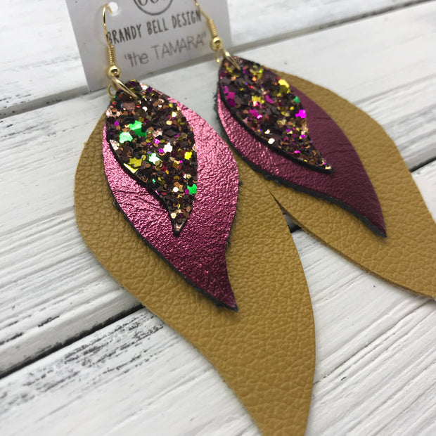 TAMARA - Leather Earrings  ||  <BR> AUTUMN HARVEST GLITTER (not real leather), <BR> METALLIC CRANBERRY, <BR> MATTE MUSTARD YELLOW