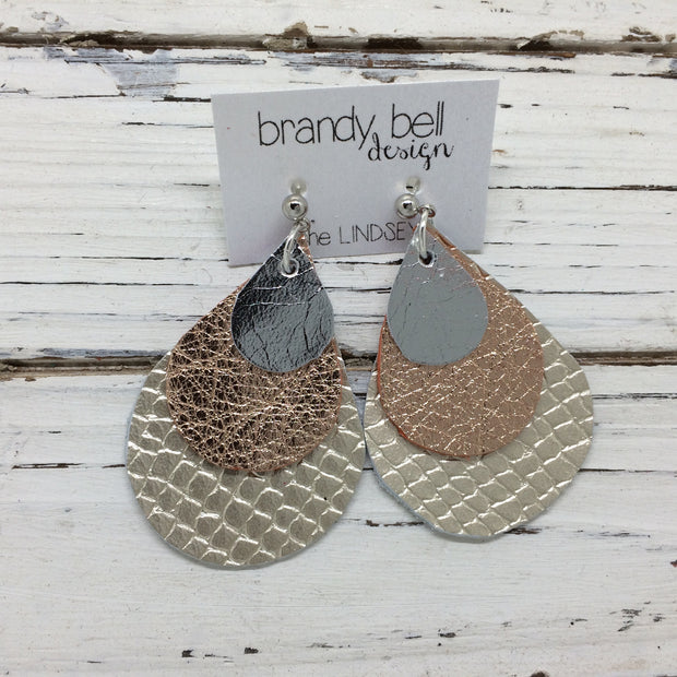 LINDSEY - Leather Earrings  ||  METALLIC SILVER, METALLIC ROSE GOLD TEXTURE, METALLIC CHAMPAGNE COBRA