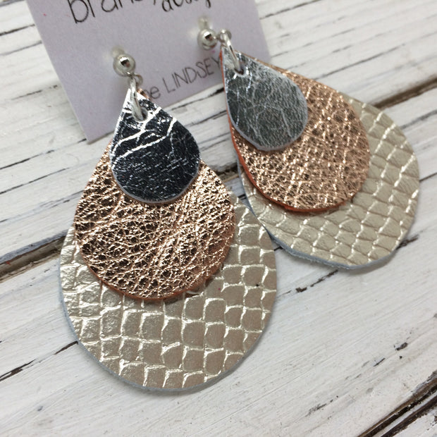 LINDSEY - Leather Earrings  ||  METALLIC SILVER, METALLIC ROSE GOLD TEXTURE, METALLIC CHAMPAGNE COBRA