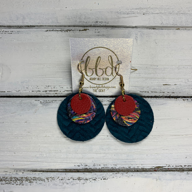 GRAY - Leather Earrings  ||    <BR> MATTE RED, <BR> MULTICOLOR PALM LEAVES,  <BR> DARK TEAL BRAID