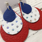 LINDSEY - Leather Earrings  ||  MATTE COBALT BLUE, WHITE WITH HOLOGRAPHIC SILVER DOTS, MATTE RED