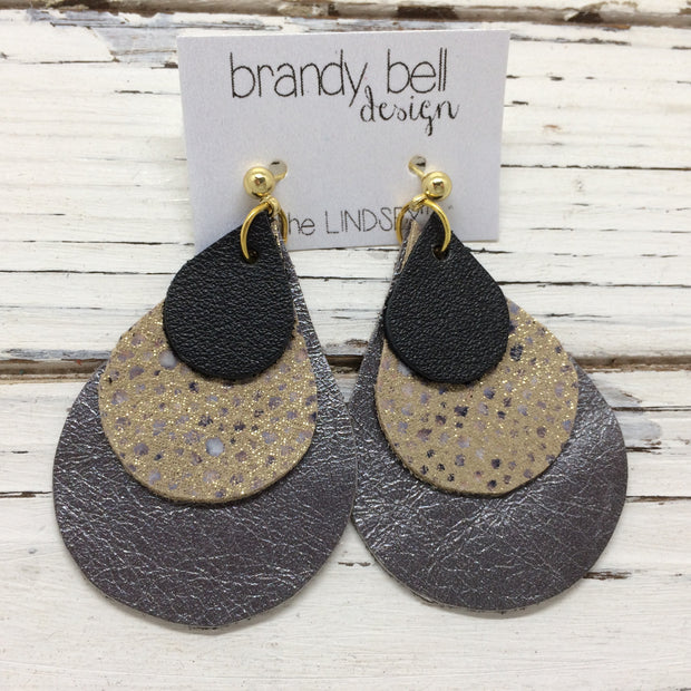 LINDSEY - Leather Earrings  ||  MATTE BLACK, IVORY STINGRAY DOTS, PEARLIZED GUN METAL GRAY