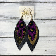 INDIA - Leather Earrings   ||  <BR>   PURPLE & GOLD LEOPARD GLITTER (FAUX LEATHER),  <BR>  METALLIC GOLD SMOOTH,  <BR> MATTE BLACK