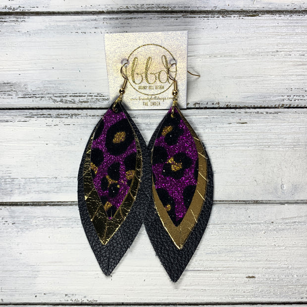 INDIA - Leather Earrings   ||  <BR>   PURPLE & GOLD LEOPARD GLITTER (FAUX LEATHER),  <BR>  METALLIC GOLD SMOOTH,  <BR> MATTE BLACK