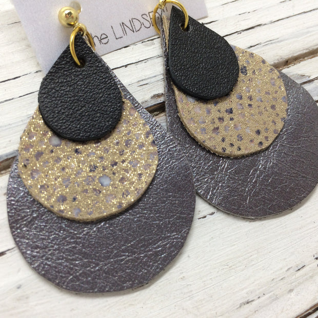 LINDSEY - Leather Earrings  ||  MATTE BLACK, IVORY STINGRAY DOTS, PEARLIZED GUN METAL GRAY