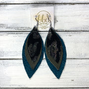 INDIA - Leather Earrings   ||  <BR>  IRIDESCENT CHEETAH ON BLACK,  <BR> MATTE OLIVE GREEN, <BR> TEAL BRAIDED