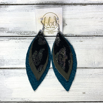 INDIA - Leather Earrings   ||  <BR>  IRIDESCENT CHEETAH ON BLACK,  <BR> MATTE OLIVE GREEN, <BR> TEAL BRAIDED