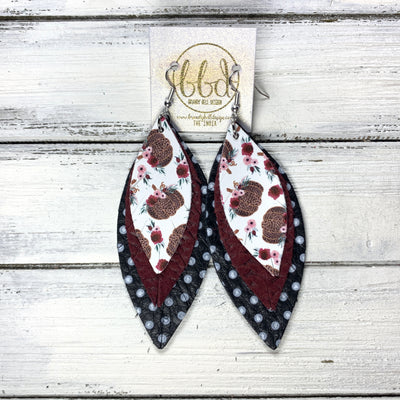 INDIA - Leather Earrings   ||  <BR> CHEETAH PRINT PUMPKINS (FAUX LEATHER),  <BR> BURGUNDY BRAIDED, <BR> BLACK WITH WHITE POLKADOTS
