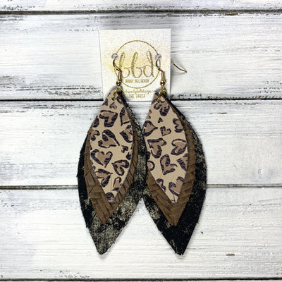 INDIA - Leather Earrings   ||  <BR> ANIMAL PRINT HEARTS (FAUX LEATHER),  <BR> BROWN BRAIDED, <BR> BLACK & GOLD NORTHERN LIGHTS