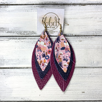 INDIA - Leather Earrings   ||  <BR> PINK VINTAGE FLORAL (FAUX LEATHER),  <BR> METALLIC NAVY PEBBLED, <BR> MATTE PLUM PURPLE