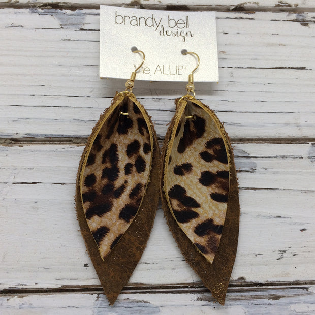 ALLIE -  Leather Earrings  || LEOPARD PRINT, DISTRESSED PEARLIZED BROWN WITH GOLD ACCENTS