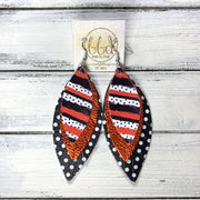 INDIA - Leather Earrings   ||  <BR>  HALLOWEEN POLKADOT STRIPE (FAUX LEATHER),  <BR> METALLIC ORANGE PEBBLED, <BR> BLACK WITH WHITE POLKADOTS