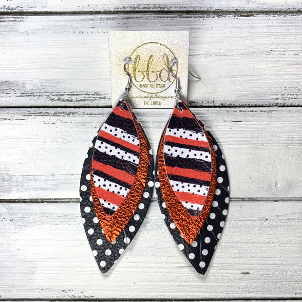 INDIA - Leather Earrings   ||  <BR>  HALLOWEEN POLKADOT STRIPE (FAUX LEATHER),  <BR> METALLIC ORANGE PEBBLED, <BR> BLACK WITH WHITE POLKADOTS