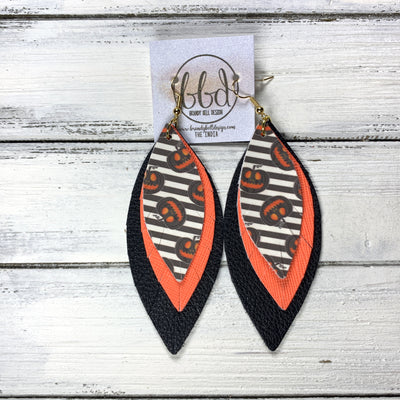 INDIA - Leather Earrings   ||  <BR>GLOW-IN-THE-DARK  HALLOWEEN STRIPE (FAUX LEATHER),  <BR> BRIGHT ORANGE SAFFIANO, <BR> MATTE BLACK