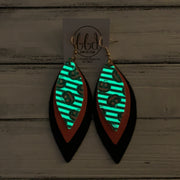 INDIA - Leather Earrings   ||  <BR>GLOW-IN-THE-DARK  HALLOWEEN STRIPE (FAUX LEATHER),  <BR> BRIGHT ORANGE SAFFIANO, <BR> MATTE BLACK