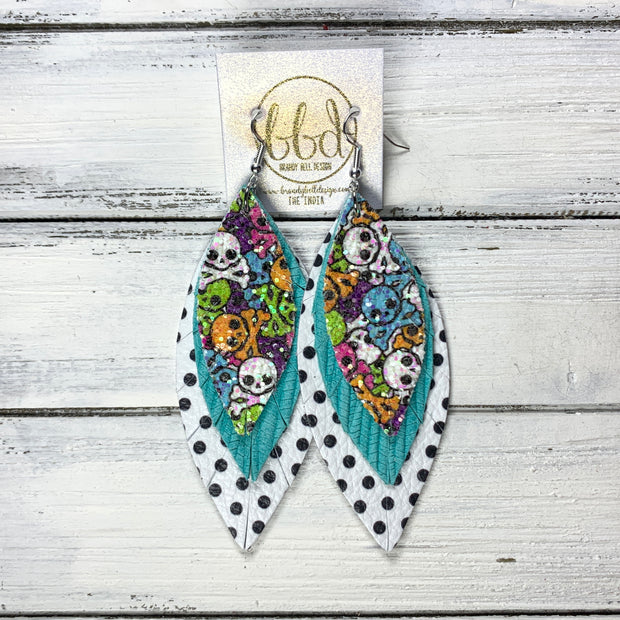 INDIA - Leather Earrings   ||  <BR> GLITTER SUGAR SKULLS (FAUX LEATHER),  <BR> AQUA PALMS, <BR> BLACK & WHITE POLKADOT