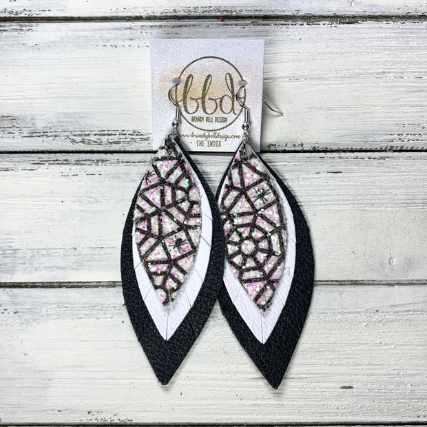 INDIA - Leather Earrings   ||  <BR> SPIDER WEB CHUNKY GLITTER (FAUX LEATHER),  <BR>MATTE WHITE, <BR> MATTE BLACK