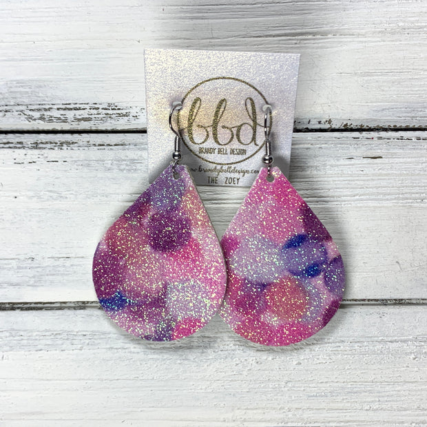 ZOEY (3 sizes available!) -  Leather Earrings  ||   PINK & PURPLE TINY BALLOONS GLITTER (ON CORK)