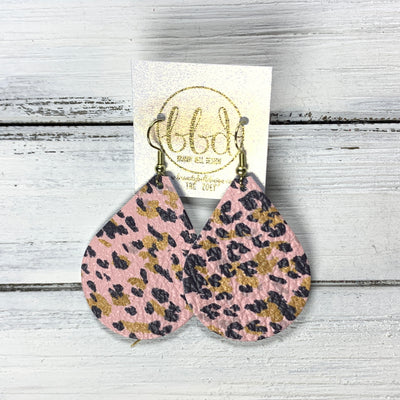 ZOEY (3 sizes available!) -  Leather Earrings  ||  BLACK & MUSTARD ANIMAL PRINT ON PINK