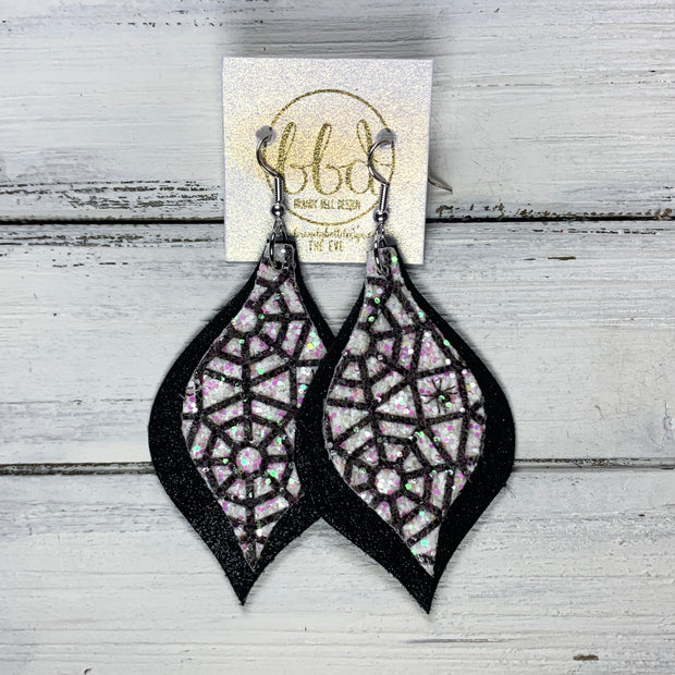 EVE - Leather Earrings  || <BR> SPIDER WEBS ON CHUNKY GLITTER (FAUX LEATHER), <BR> SHIMMER BLACK