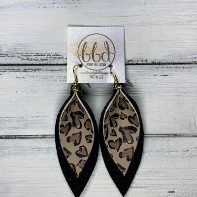 ALLIE -  Leather Earrings  ||  <BR> ANIMAL PRINT HEARTS (FAUX LEATHER), <BR> MATTE BLACK BRAID