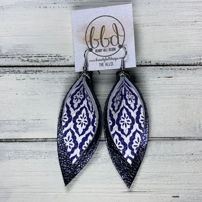 ALLIE -  Leather Earrings  ||  <BR> NAVY & WHITE TURKISH TILES, <BR> METALLIC NAVY PEBBLED