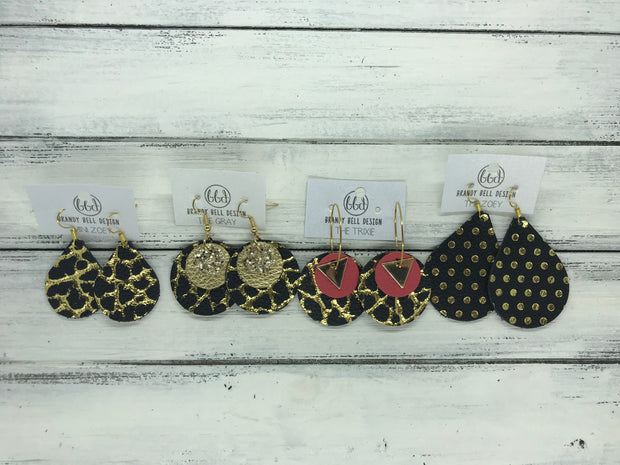TRIXIE - Leather Earrings  ||    <BR> GOLD TRIANGLE, <BR> SHIMMER BLACK, BLACK & GOLD NORTHERN LIGHTS