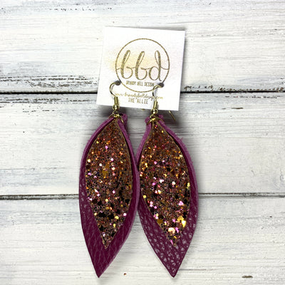 ALLIE -  Leather Earrings  ||  <BR> PINK & GOLD GLITTER (FAUX LEATHER), <BR> MATTE PLUM PURPLE