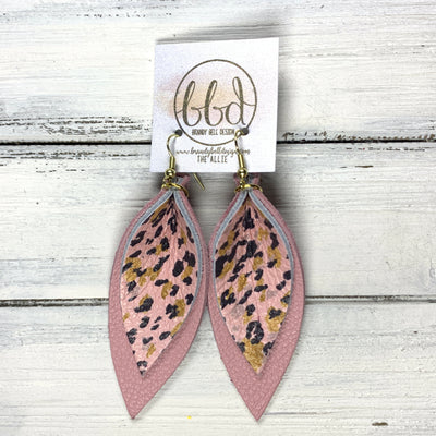 ALLIE -  Leather Earrings  ||  <BR> BLACK & MUSTARD ANIMAL PRINT ON PINK, <BR> MATTE LIGHT PINK