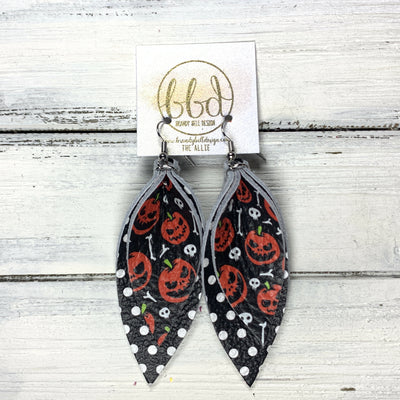ALLIE -  Leather Earrings  ||  <BR> JACK O' LANTERNS, <BR> BLACK WITH WHITE POLKADOTS