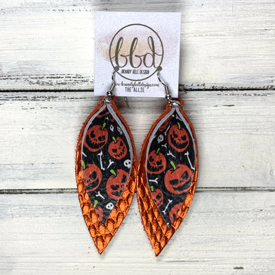 ALLIE -  Leather Earrings  ||  <BR> JACK O' LANTERNS, <BR> METALLIC ORANGE COBRA