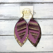 GINGER - Leather Earrings  ||  <BR> CHEETAH PRINT & MAUVE STRIPES (FAUX LEATHER),  <BR> MATTE MAUVE, <BR> SHIMMER COPPER