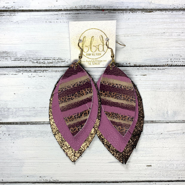 GINGER - Leather Earrings  ||  <BR> CHEETAH PRINT & MAUVE STRIPES (FAUX LEATHER),  <BR> MATTE MAUVE, <BR> SHIMMER COPPER