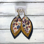 GINGER - Leather Earrings  ||  <BR> AUTUMN FLORAL,  <BR> DIJON MUSTARD BRAID, <BR> MATTE *NAVY BLUE