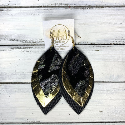 GINGER - Leather Earrings  ||  <BR> IRIDESCENT CHEETAH PRINT,  <BR> METALLIC GOLD SMOOTH, <BR> BLACK PALMS