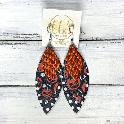 DOROTHY - Leather Earrings  ||  <BR>  METALLIC ORANGE COBRA, <BR> JACK O' LANTERNS, <BR> BLACK WITH WHITE POLKADOTS