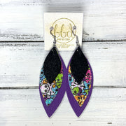 DOROTHY - Leather Earrings  ||  <BR>  SHIMMER BLACK, <BR> GLITTER SUGAR SKULLS , <BR> MATTE PURPLE