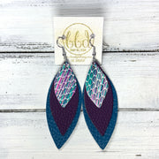 DOROTHY - Leather Earrings  ||  <BR> PURPLE & TEAL ANIMAL PRINT (FAUX LEATHER), <BR> MATTE DARK PURPLE (FAUX LEATHER) , <BR> MATTE TEAL (FAUX LEATHER)