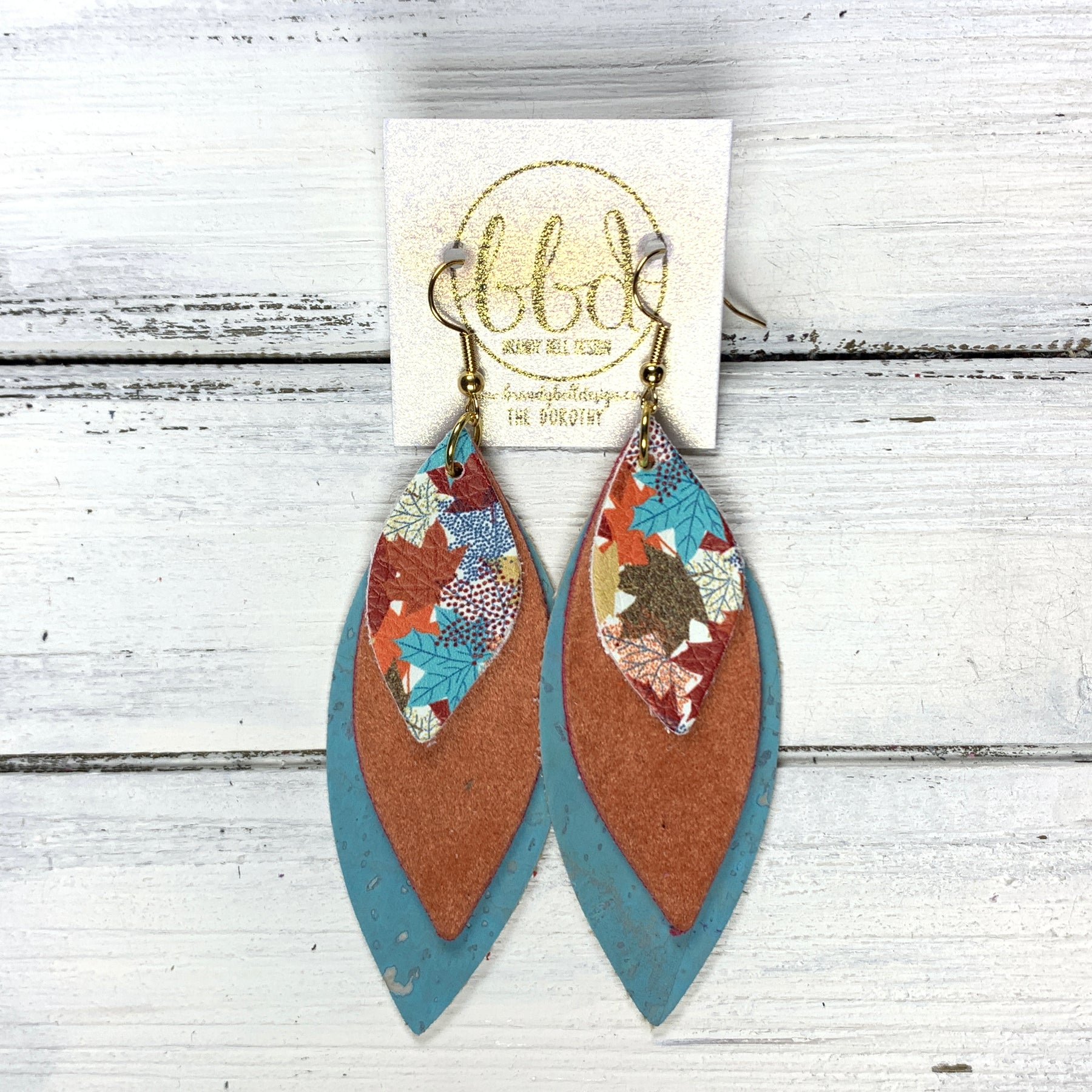 Leather Earrings - Multicolor New Multi-Color Fall Leaves & Pumpkins Teardrop Hand-cut  main image 4