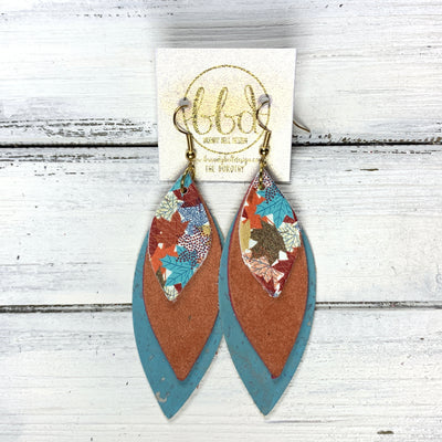 DOROTHY - Leather Earrings  ||  <BR> MULTICOLOR MAPLE LEAVES (FAUX LEATHER), <BR> SPICED PEACH VELVET (FAUX LEATHER) , <BR> BLUE CORK (FAUX LEATHER)