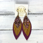 DOROTHY - Leather Earrings  ||  <BR> PINK & GOLD GLITTER (FAUX LEATHER), <BR> DIJON MUSTARD BRAID, <BR> MATTE PLUM PURPLE
