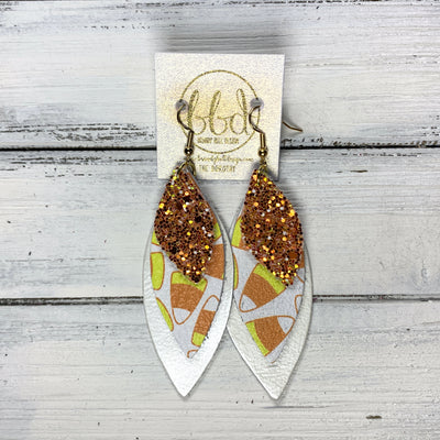 DOROTHY - Leather Earrings  ||  <BR> PUMPKIN SPICE GLITTER (FAUX LEATHER), <BR> CANDY CORN ON WHITE, <BR> PEARL WHITE