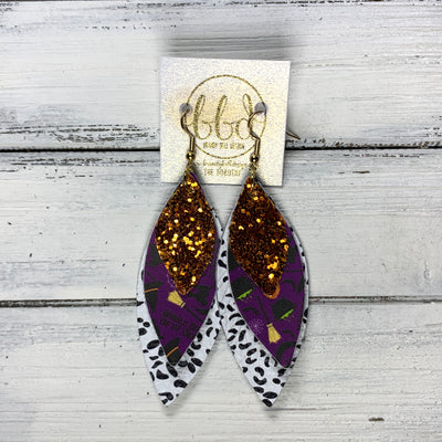 DOROTHY - Leather Earrings  ||  <BR> ORANGE GLITTER (FAUX LEATHER), <BR> HALLOWEEN ON PURPLE (FAUX LEATHER), <BR> BLACK & WHITE CHEETAH