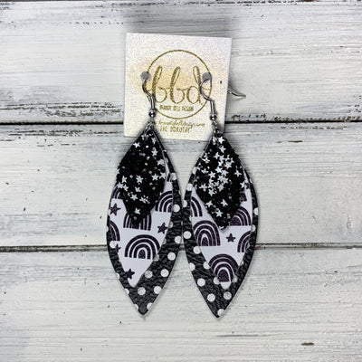 DOROTHY - Leather Earrings  ||  <BR> BLACK AND WHITE STARS GLITTER (FAUX LEATHER), <BR> RAINBOWS & STARS (FAUX LEATHER), <BR> BLACK & WHITE POLKADOTS