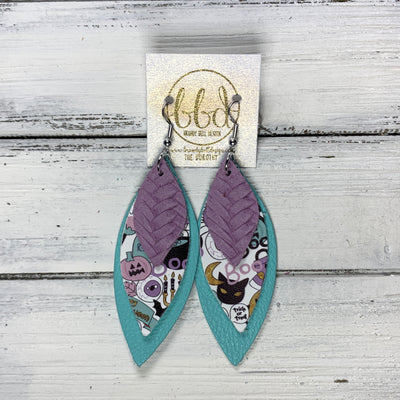 DOROTHY - Leather Earrings  ||  <BR>LILAC BRAID, <BR> BOO-TIFUL HALLOWEEN (FAUX LEATHER), <BR> ROBINS EGG BLUE