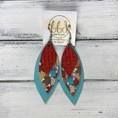 DOROTHY - Leather Earrings  ||  <BR> RED PANAMA WEAVE, <BR> MULTICOLOR MAPLE LEAVES (FAUX LEATHER), <BR> ROBINS EGG BLUE