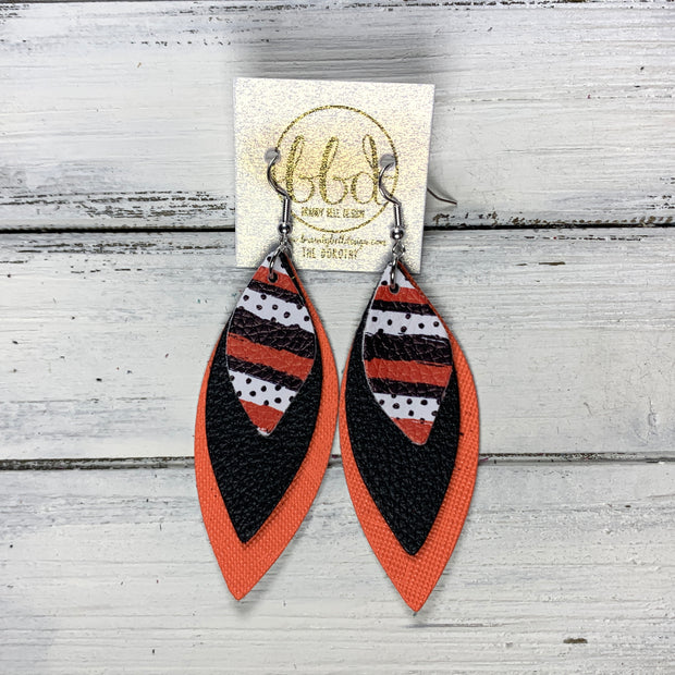 DOROTHY - Leather Earrings  ||  <BR> ORANGE AND BLACK STRIPES & POLKADOT, <BR> MATTE BLACK, <BR> NEON ORANGE SAFFIANO