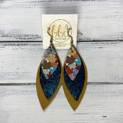 DOROTHY - Leather Earrings  ||  <BR> MULTICOLOR MAPLE LEAVES (FAUX LEATHER), <BR> SHIMMER TEAL, <BR> MATTE MUSTARD