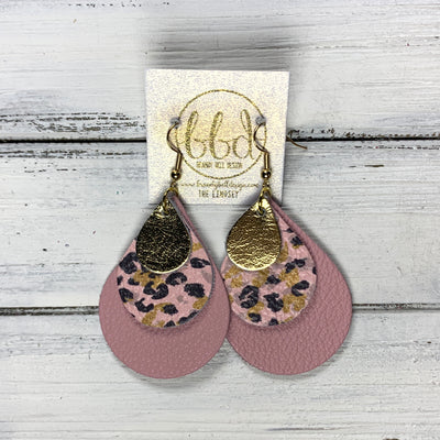 LINDSEY - Leather Earrings  ||   <BR> METALLIC GOLD SMOOTH, <BR> BLACK & MUSTARD ANIMAL PRINT,  <BR> MATTE BABY PINK