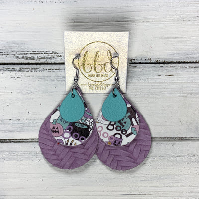 LINDSEY - Leather Earrings  ||   <BR> ROBINS EGG BLUE, <BR> BOO-TIFUL HALLOWEEN (FAUX LEATHER),  <BR> LILAC BRAID